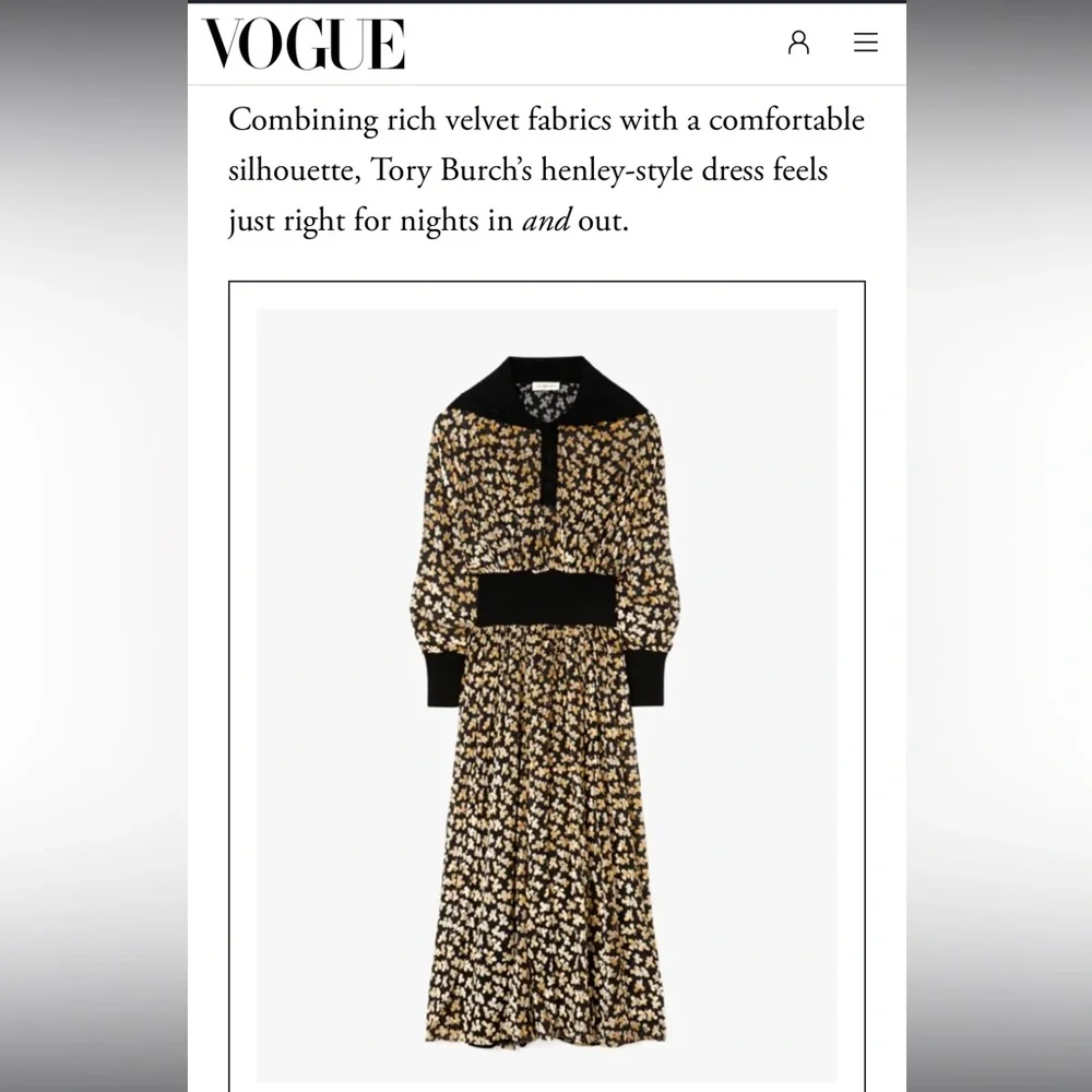 VOGUE MAGAZINE Tory Burch velvet devore midi dress black 12 gold leaves